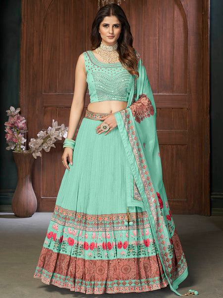 Myra Sea Green Chinon Embroidered Designer Lehenga