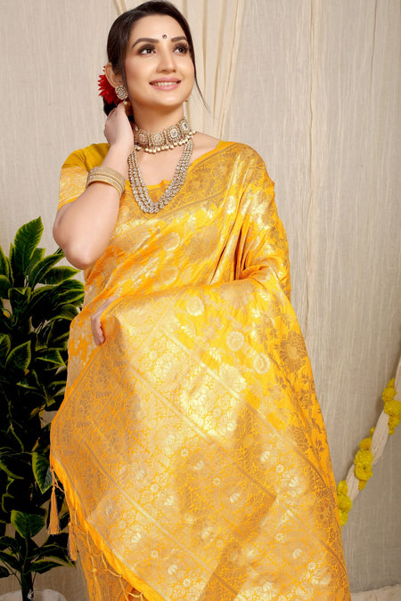 Anaita Yellow Woven Design Pure Silk Banarasi Saree With Blouse