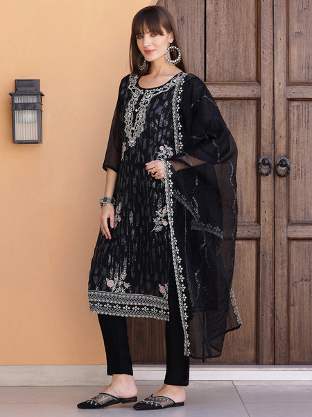 Pakistani Sequined Embroidered Kurta With Pant & Dupatta, Black - Hiral Fashion