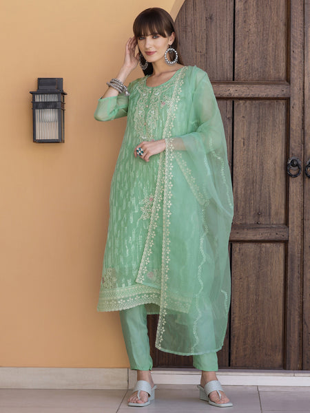 Pakistani Sequined Embroidered Kurta With Pant & Dupatta, Green - Hiral Fashion