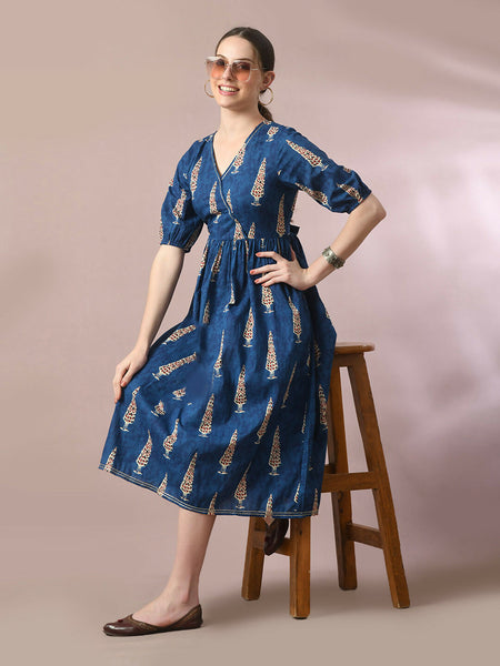 Myshka Women's Blue Printed Cotton V-Neck Empire Party Dress