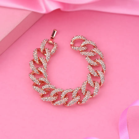 Estele Rose Gold-Polished Exquisite Cuban Bracelet with Stunning White Crystals for Women