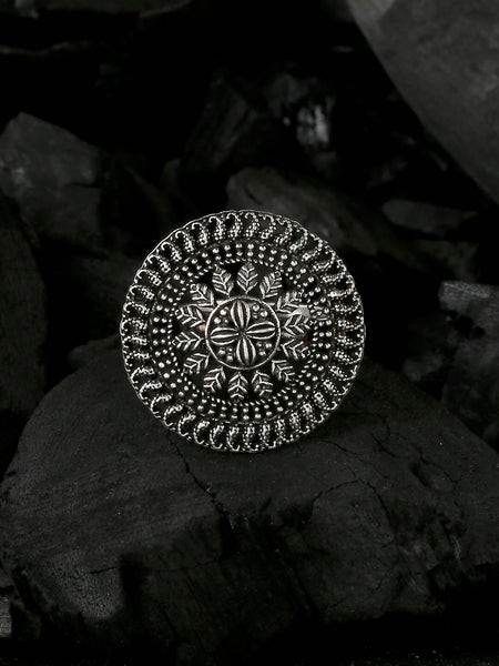 NVR Women's Oxidised Silver Plated Adjustable Finger Ring