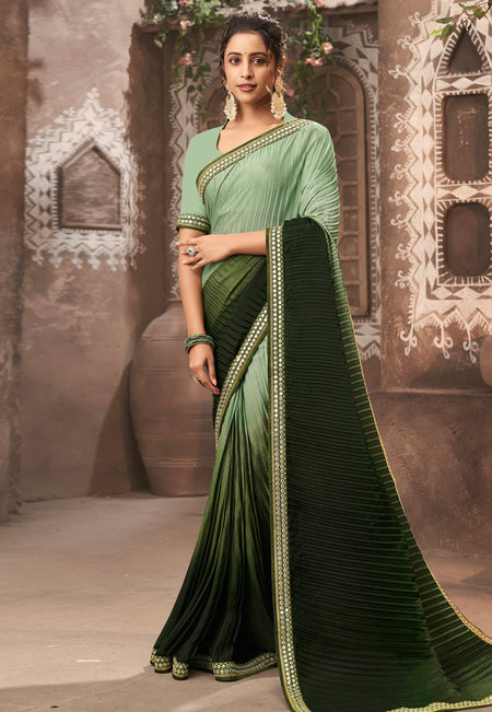 Vamika Olive Green Chinon Heavy Embroidery Mirror Kari Lace Work & Crush Saree
