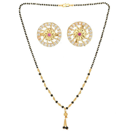 AanyaCentric Gold-Polished Short Mangalsutra Set with Earrings