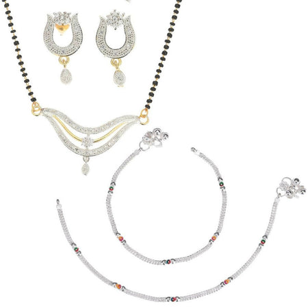 AanyaCentric Gold-Polished Mangalsutra Pendant Earring Set & Silver Plated Anklet