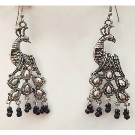 MS Fashion India German Silver Oxidized Hanging Black Pearls Peacock Earrings