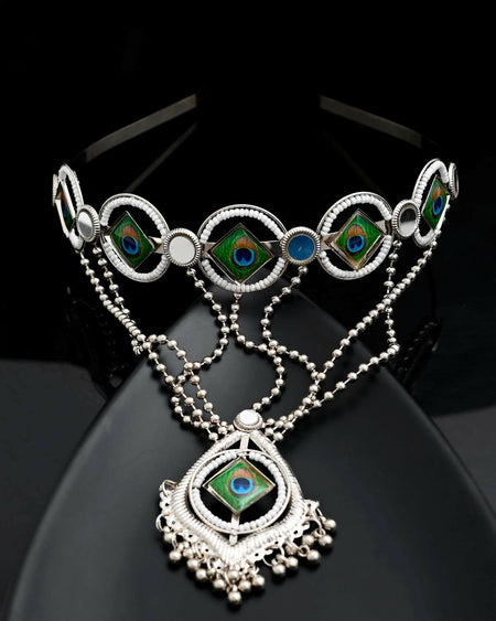 VOJ Silver Plated Peacock Printed Hairband With Mang Tikka