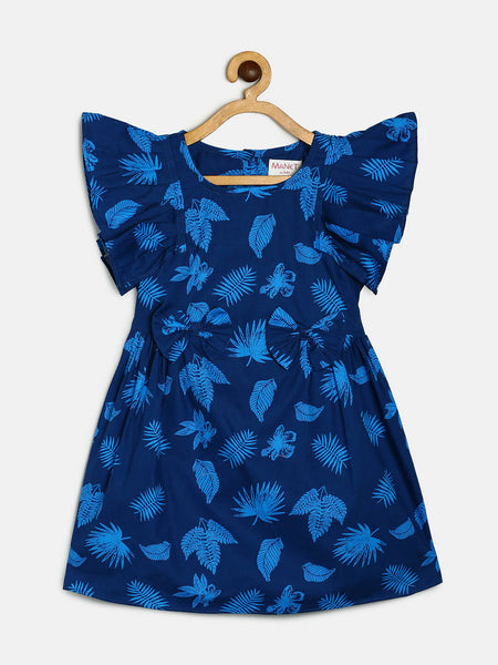 Manet Cotton Frill Bow Frock Leaf Printed - Blue