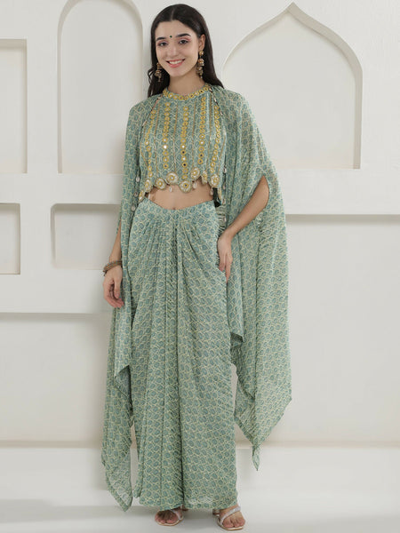 Joban Fashion Green Georgette Cape Inner And Shirt Set