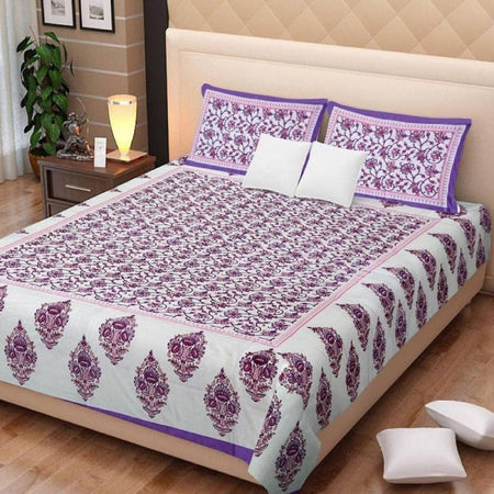 Vamika Printed Cotton White & Purple Bedsheet With Pillow Covers (LEOC_GMLA_PR)