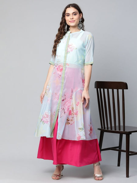 Ahalyaa Women Sea Green Floral Printed Top With Kurta