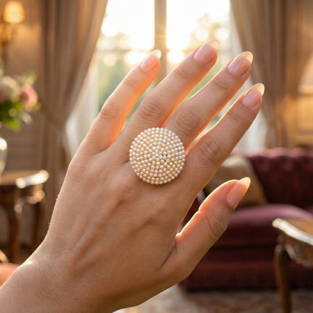 JS Fashion High Gold Polish Fancy Design Clustered Pearl Designer Antique Finger Ring for Women | Adjustable Ethnic Statement Jewellery for Wedding, Party & Festive | Vintage Pearl Gift