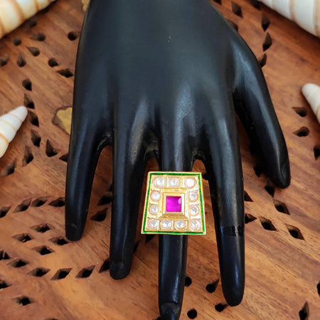 JS Fashion High Gold Square Kundan Adjustable Finger Ring for Women|Royal Square Stone Ring Gift