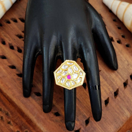 JS Fashion Classic Kundan Finger Ring High Gold Finish Adjustable for Women|Traditional Statement Ring Gift