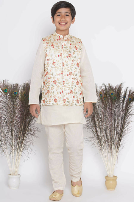Little Bansi Banarsi Floral Embroidery Jacket with Cotton Kantha kurta and Kantha Pyjama - Cream