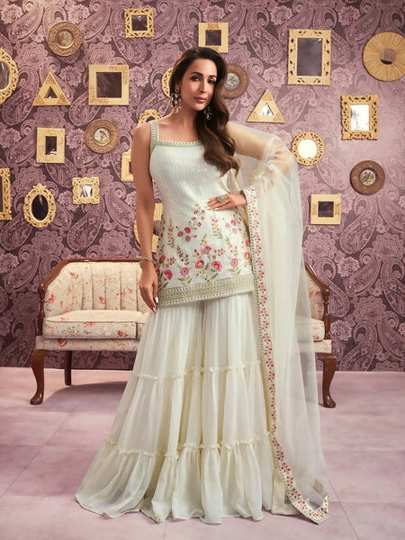 Vastranavya Malaika Arora Cream Georgette Embroidered Sequins Palazzo Suit