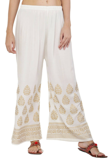 PAVONINE White Color Golden Printed Rayon Fabric Sharara For Women