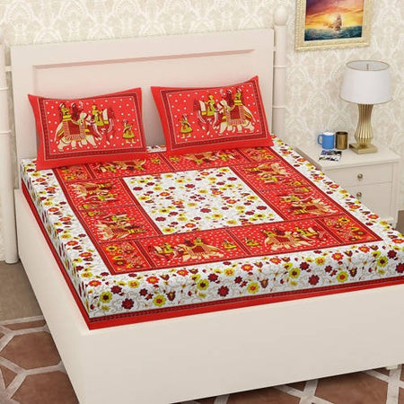 Vamika Printed Cotton Red & Multicolor Beautiful Design Bedsheet With Pillow Covers (LEOC_HTHY_R)