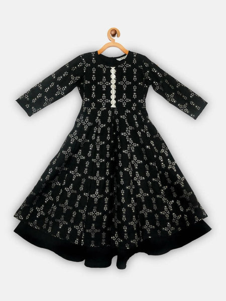 Ahalyaa Black Chanderi Gold Foil Printed Kids Dress For Girls