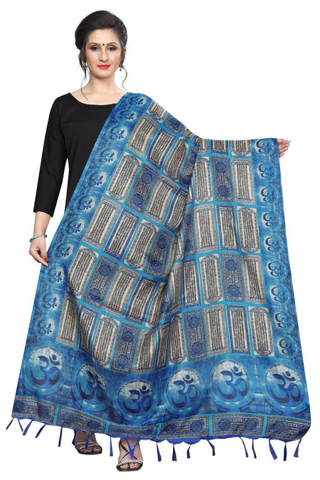 Vamika Blue Printed OM Designed Khadi Bhagalpuri Dupatta