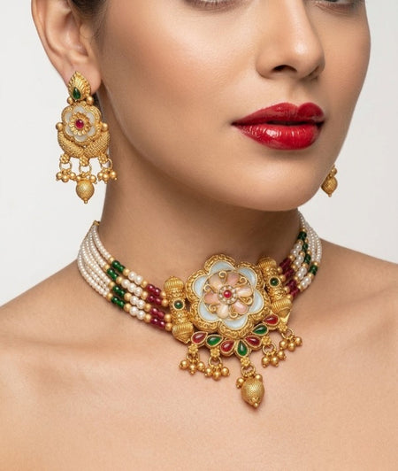 Jewel City Handcrafted Indian Kundan & Pearl Choker Necklace Set ā Gold Plated for Weddings, Festivals