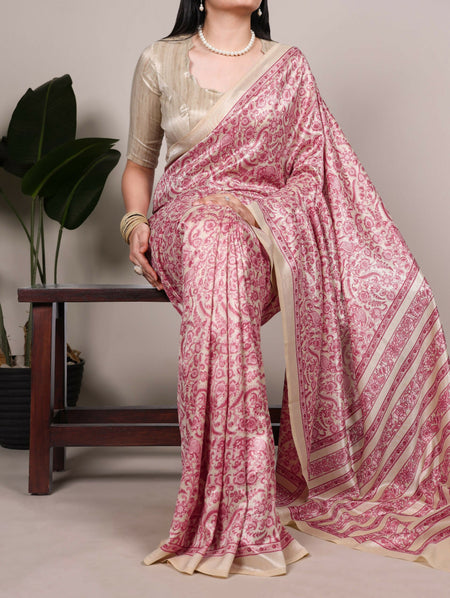 Vastranavya Salmon Tussar Silk Printed Saree with Unstitched Blouse