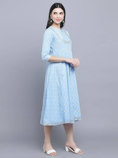 Myshka Women's Blue Ethnic Motifs Empire Midi Dress