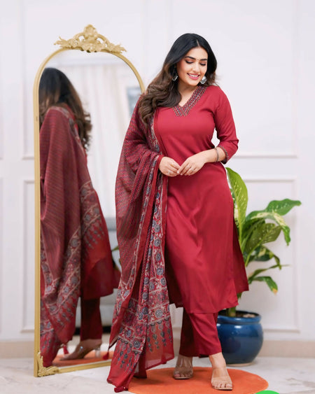 The52 Maroon Women's Gorgeous Parampara Fabric Embroidered Work Straight Kurta Pant and Dupatta Set