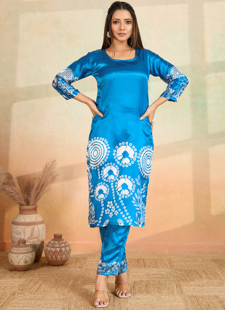 Prazu Fashion Sky Blue Printed Cotton Reyon Kurta Pant Set