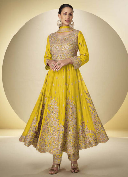 Vegaa Fashion Yellow Chinon Silk Embroidered Designer Anarkali Suit