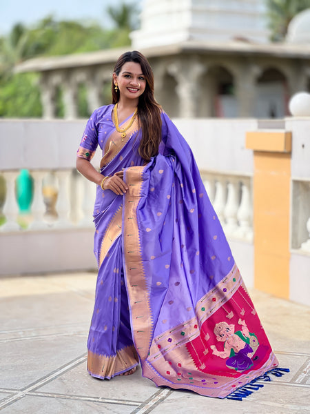 Vedant Vastram Soft Litchi Silk Paithani Jacquard Saree - Lavender