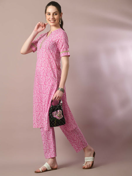 Myshka Women's Pink Printed Cotton Straight Party Kurta Set