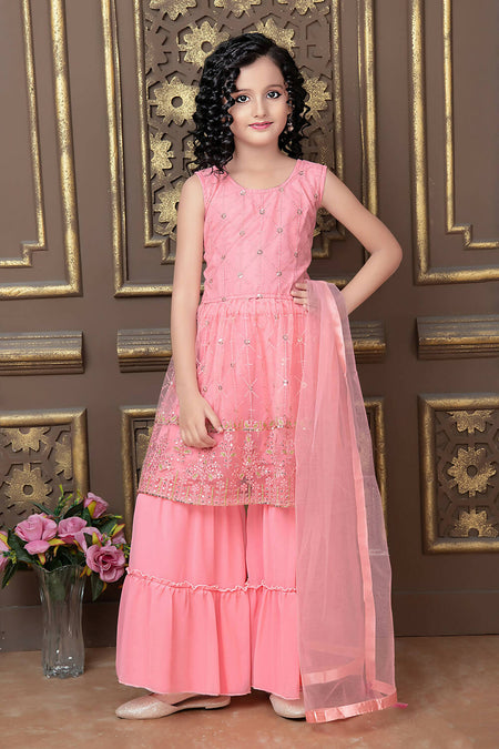 Kids Wedding Designer Pink Pure Finest Soft Net Sharara Suit - Aaradhna