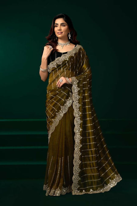 Joban Fashion Mehendi Green Net Party Wear Sarees