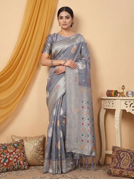 Anaita Grey Linen Woven Work Saree With Blouse