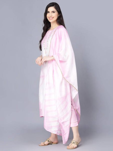 Myshka Women Pink Striped Empire Kurti with Trousers With Dupatta