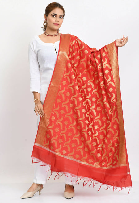 Mominos Fashion Moeza Women's Banarsi Silk Floral Woven Design Red Dupatta