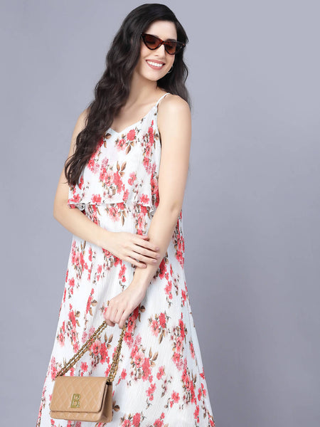 Myshka White Red Floral Layered Midi Dress