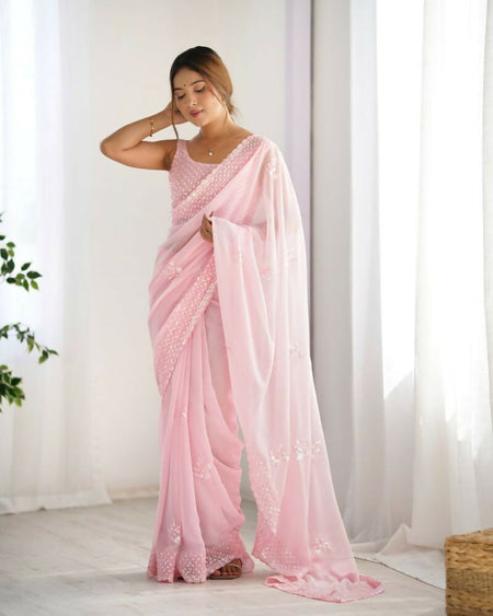 Attractive Looking Georgette Thread, Sequance Embroidery Work Party Wear Saree - Pink