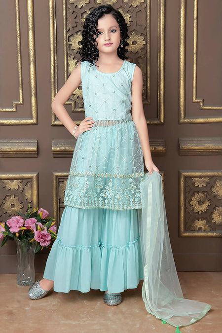 Kids Wedding Designer Sky Pure Finest Soft Net Sharara Suit - Aaradhna