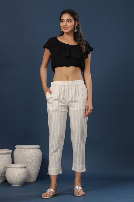 Juniper Women Natural Cotton Flex Striped Slim Fit Pant/Slim Pant