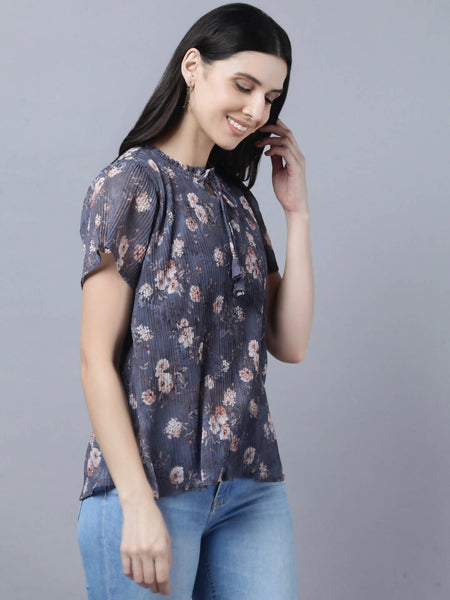 Myshka Women Charcoal Grey Peach-Coloured Floral Print Tie-Up Neck Georgette Top