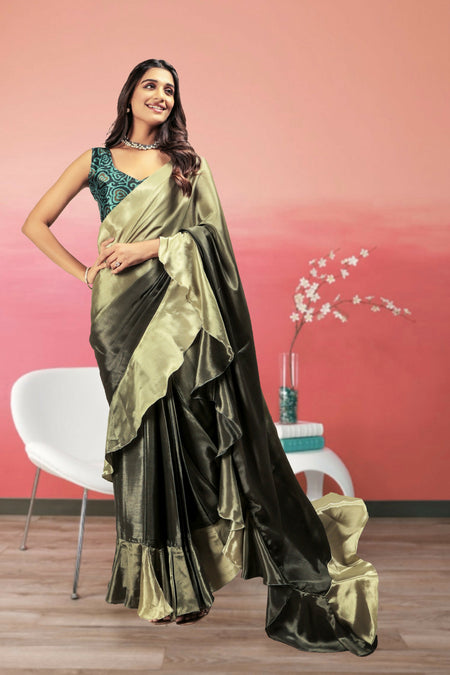 Green Satin Solid Designer, Printed Party Wear Ready To Wear Saree - Nasreen