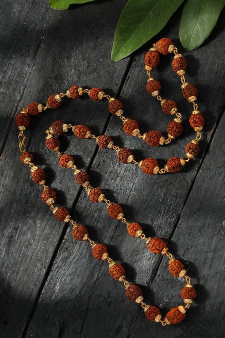 Mominos Fashion Joharkamal Gold-Polished Statement Rudraksha Mala Long Necklace (Golden)