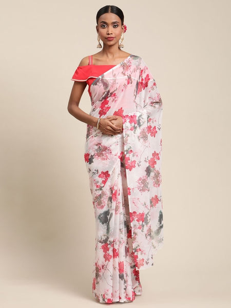 Ahalyaa Women's White Chiffon Digital Print Floral Saree