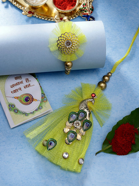 NVR Women & Men Set of 2 Yellow Peacock Design Bhaiya Bhabhi Rakhi With Roli Chawal
