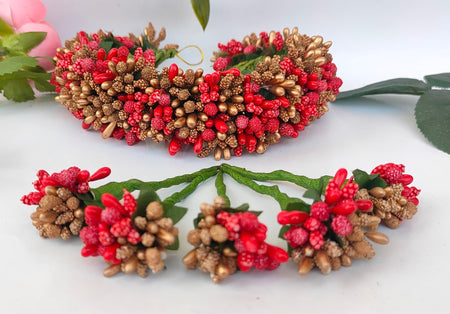 Red & Gold Bridal Hair Gajra with Brooches
