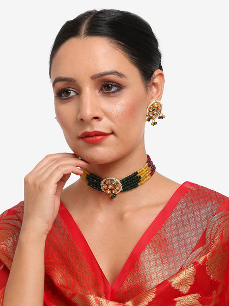 Multicoloured Kundan-Studded Beaded Choker Jewellery Set - Ruby Raang