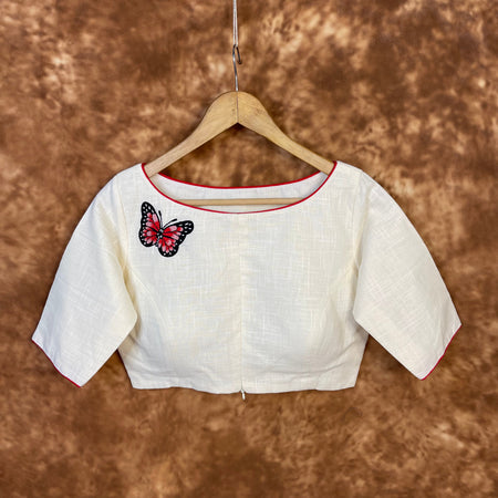 Butterfly Nector Off White Coloured Slub Cotton Ready to Wear Blouse - kapda Tailor